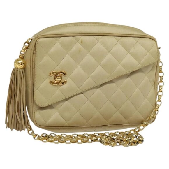 CHANEL Matelasse Chain Shoulder Bag Satin Beige Gold CC Auth 122544 - Picture 1 of 16